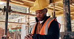 Construction, worker or check watch on site for late delivery, deadline stress or material shortage. Project manager, black man and time pressure outdoor for scaffolding delay, job setback or mistake