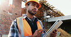 Builder, thinking and man with tablet at construction site, architecture or safety inspection on web. Architect, reflection and person with tech for property development, scroll and plan for project