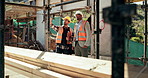Team, men and inspection for construction project, discussion or development assessment with checklist. Collaboration, architect and planning at site, building evaluation or safety compliance