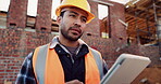 Civil engineer, thinking and man with tablet at construction site, architecture or safety inspection. Architect, reflection and person with tech for property development, scroll and project on web
