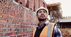 Inspection, architect and man at construction site for thinking, development or building project. Reflection, engineer planning and person with architecture, thoughts and problem solving outdoor