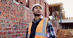 Outdoor, architect and man at construction site for thinking, development or building project. Reflection, engineer planning and person with architecture, thoughts and problem solving for inspection
