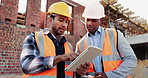 Civil engineer, scroll and men with tablet at construction site, architecture and safety inspection. Architect, teamwork and people with tech for property development, discussion and project on web