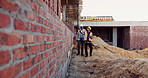 Civil engineer, teamwork and men with tablet at construction site, architecture or safety inspection. Architect, discussion and people with tech for property development, point and project on website