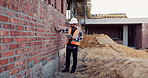 Architecture, renovation and man with tablet at construction site, real estate or safety inspection. Outdoor, civil engineer and person with tech for property development, scroll and project on web