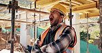 Construction site, man and tired with yawn for fatigue, renovation and civil engineering mistake. Exhausted contractor, burnout and low energy with industrial overtime, architecture or maintenance