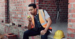 Worker, man and thinking at construction site with lunch break, building project or healthy nutrition. Person, eating apple and builder rest outdoor with industrial job, PPE or contemplation for work