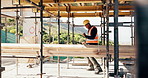 Construction, dance or black man on site with success, rhythm or playful groove with building milestone. Happy, achievement or engineer with scaffolding, fun time or upbeat movement in celebration.