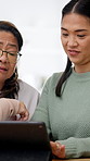 Adult, daughter and help mother with tablet, bonding together or conversation for online news update. Flare, senior mom and women in home with tech, support or assistance for browsing digital article
