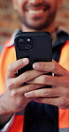 Typing, construction and hands of man with phone for online chat, social media and building update. Architecture, engineer and person on cellphone for message, contact and internet for renovation
