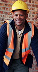 Construction, happy and face of black man in building for renovation, remodeling and infrastructure. Architecture, smile and portrait of person with ppe for safety compliance, engineering and career