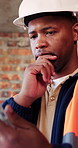 Architect, thinking and black man with tablet in building, research and safety inspection with info. Civil engineer, reflection and person with tech for property development, scroll and planning