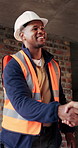Construction, engineer and shaking hands with man for deal, partnership or smile for collaboration. People, architecture and handshake for thank you, development agreement or success at building site