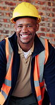 Construction, laugh and face of black man in building for renovation, remodeling and infrastructure. Architecture, happy and portrait of person with ppe for safety compliance, engineering and career