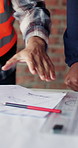 Construction, hands and team planning with blueprint for building design, document and development. Architect, floor plan and people with paperwork for layout discussion, review or evaluation at site