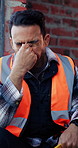 Helmet, thinking or man with stress for construction, overwhelmed or project pressure for renovation. Reflection, safety gear or worker with burnout for building workload, tired or remodel deadline