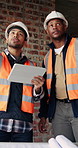 Construction, talk and men with tablet on site for digital blueprint, building progress and safety. Team, architect and foreman with tech for project timeline, information request and code compliance
