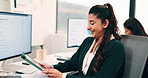 Excited, business and woman with tablet in office for good news, celebration and email for promotion. Smile, team and high five for congratulations with digital, online announcement and project bonus
