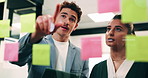 Glass wall, sticky notes or team in office with tablet, problem solving or growth strategy for campaign. Ideas, people or marketing staff with tech, brainstorming or launch plan for brand development