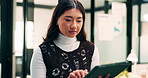 Finance, review or Asian woman in office with tablet, research or budget insight for funding pitch. Business, reading or data analyst with tech, portfolio check or proposal plan for investment.