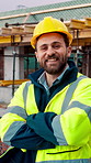 Face, man and engineer with arms crossed outdoor for career pride, about us and construction. Portrait, male person and hard hat with leadership, building development and engineering for expansion