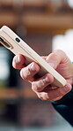 Digital, texting and hands with phone, online communication and post update on social media app. Typing, space and person with technology, virtual connection or message notification on chat platform.