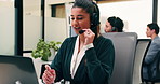 Business, woman and talking with laptop at call center for consultation, customer service and inquiry. Smile, agent or coworking with pc for client assistance, online information and feedback for crm