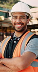 Face, happy and asian man with arms crossed on construction site for building development. Portrait, male person or architect with smile, hard hat or confidence for pride or architecture safety