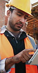 Construction, man or typing on tablet outdoor for timesheet review, labor report or renovation. Thinking, manager or digital app on site for project management, compliance checklist or inspection log