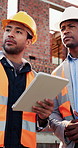 Construction, men and talk with tablet on site for building progress, property inspection or update. Info, inspector and foreman with tech outdoor for compliance, renovation project timeline and team