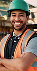 Face, contractor and happy man with arms crossed on construction site for building development. Portrait, male person or architect with smile, hard hat or confidence for pride or architecture safety