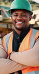 Architect, face and black man with arms crossed on construction site for building development. Portrait, male person or civil engineer with smile, hard hat or confidence for architecture or safety