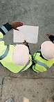 People, architect or planning with blueprint for construction or building development above on site. Top view, contractor or civil engineer with document or floor layout for architecture design