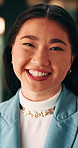 Face, smile and Asian woman in office with creative job, marketing internship and career development. Bokeh, happy person and intern in business with advertising employment, confidence and about us.