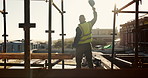 Celebration, engineer and back of man on construction site for bonus, cheering and excited contractor. Building inspection, goals and architecture with person project approval and target for progress