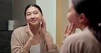Check, mirror and Asian woman in bathroom for skincare, wellness and dermatology results in morning. Happy, home and person with face inspection for beauty, cosmetics and healthy skin for glow