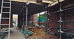Construction, brick wall or building at site for development, work in progress or engineering project. Architecture, design or incomplete infrastructure, support structure or framework with ladder