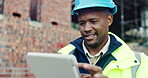 Black man, typing or tablet on construction site for planning, building project or happy for progress. Contractor, engineer or tech at worksite for contract, review or smile for compliance feedback