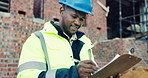 Writing, architect or man with checklist for construction, property framing or maintenance check. Renovation project, inspection or person with evaluation for structure integrity, clipboard or smile