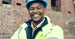 Construction, face or black man on site with laugh, pride and positive attitude as industrial worker. Happy, space or civil engineer with optimism, confidence and about us in architecture development
