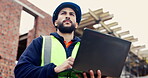 Man, thinking or laptop on construction site for planning, building project or typing update. Contractor, inspector or tech at worksite for contract info, review or low angle with compliance feedback
