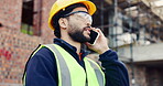 Talking, architect and man with phone call at construction site, track material order or feedback. Smile, chat or person with mobile for building timeline update, outdoor or confirm supply delivery