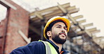 Construction, thinking or man on site with ppe, progress reflection or mindset in building review. Low angle, space or engineer with hardhat, project insight or operation perspective with inspection.