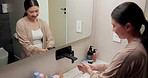 Bathroom, washing hands and Asian woman with water for hygiene, wellness and cleaning for self care. Home, morning and person with stream, soap and faucet for bacteria, grooming and germ protection