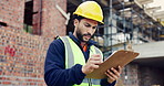 Writing, engineer or man with checklist for construction, property framing or maintenance check. Renovation project, inspection or person with evaluation for structure integrity, clipboard or review