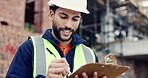 Writing, smile or man with clipboard at construction site, property framing or maintenance inspection. Renovation, planning or architect with evaluation for structure integrity, checklist or review