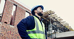 Construction, thinking or man on site with development, progress reflection or mindset in building review. Below, plan or engineer with ppe, project insight or operation perspective with inspection.