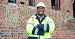 Construction, face or black man on site with arms crossed, pride or positive attitude as industrial worker. Happy, space or engineer with confidence, ambition and about us in architecture development