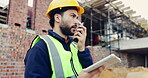 Construction, tablet or man on worksite with radio, task brief or inspection update in chat. Industrial, communication or engineer with tech, progress report or project coordination in feedback.