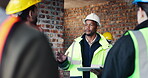 Explain, meeting and tablet with people on construction site for planning, strategy or update. App, building and project management with supervisor speaking to engineer team for property development